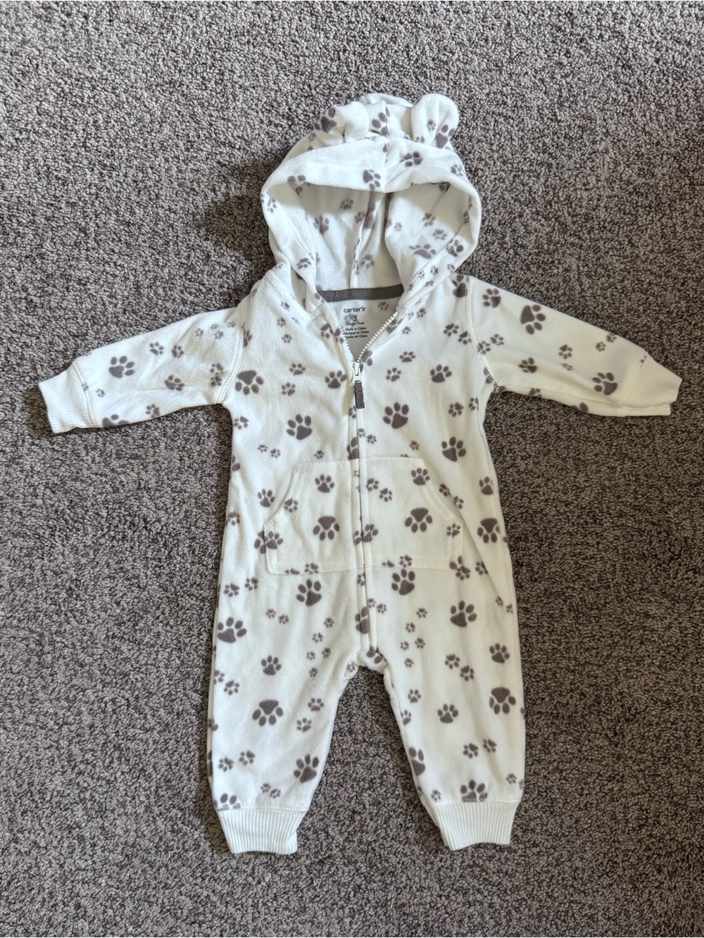 Carter's Cream One-Piece Hooded Bodysuit with Brown Paw Prints